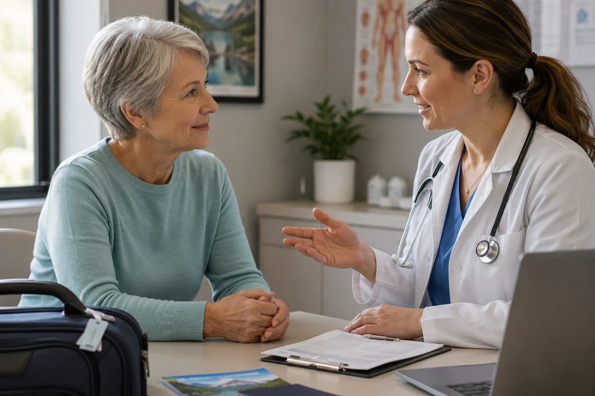 Traveler discussing pre-existing medical conditions with a healthcare professional before a trip