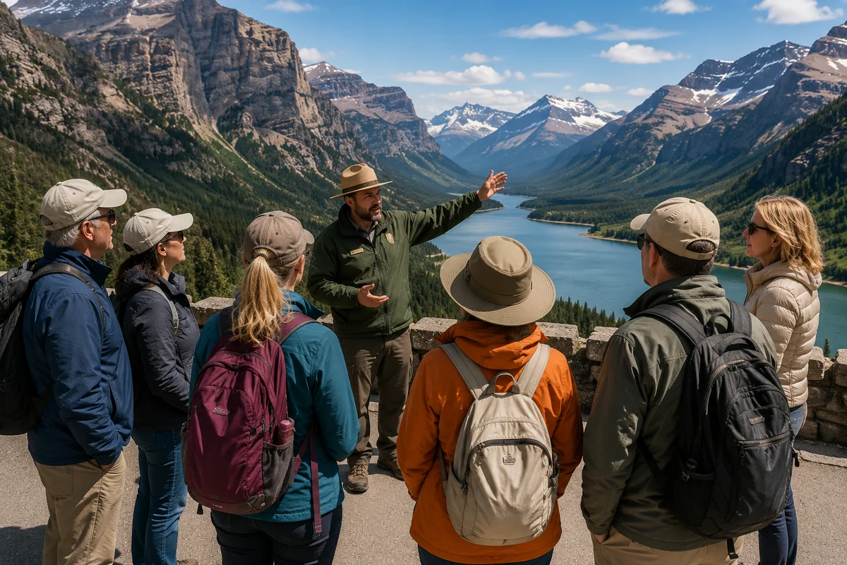 Guided tour group with a park ranger on a scenic overlook of a turquoise mountain lake and snow-capped peaks in a U.S. national park