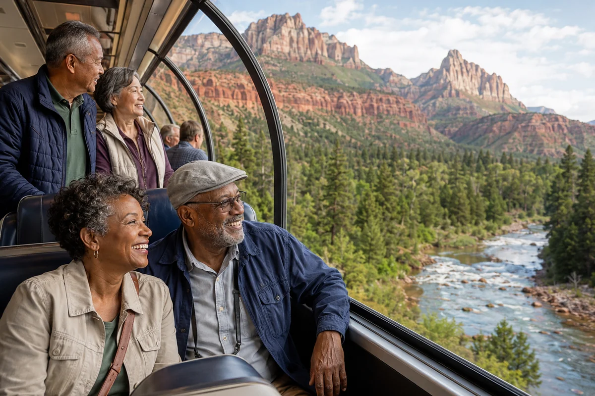 Mature travelers smiling from a glass-domed rail car overlooking red rock canyons, a river, and evergreen forests in a U.S. national park