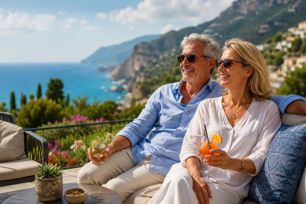 Smiling mature couple relaxing with cocktails on a sunny terrace overlooking dramatic Mediterranean coastal cliffs and the turquoise sea