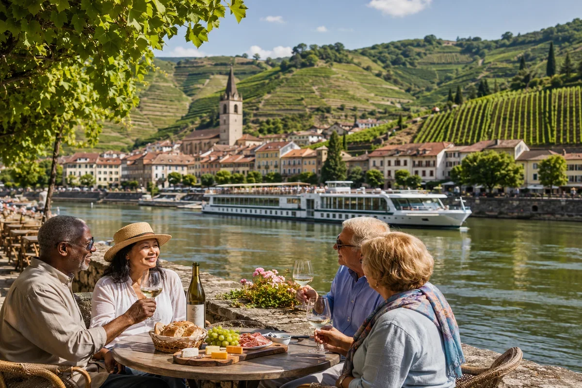 River cruise travelers enjoying wine beside a vineyard-lined European river