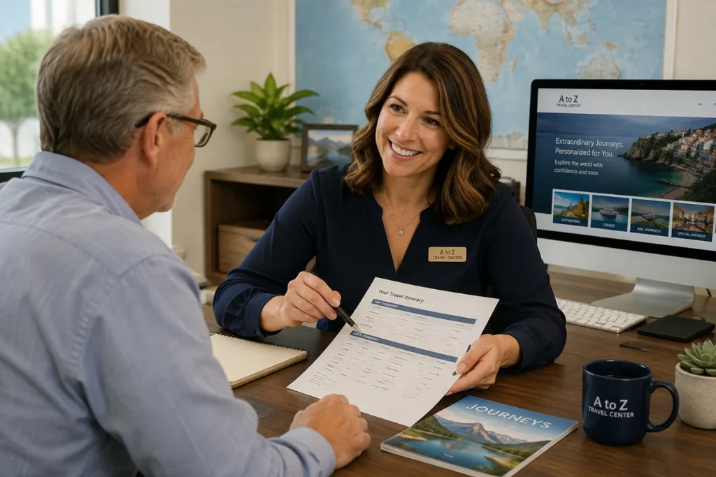 Friendly A to Z Travel Center advisor reviewing a printed itinerary with a client at her desk, helping him find the information he needs among client resources