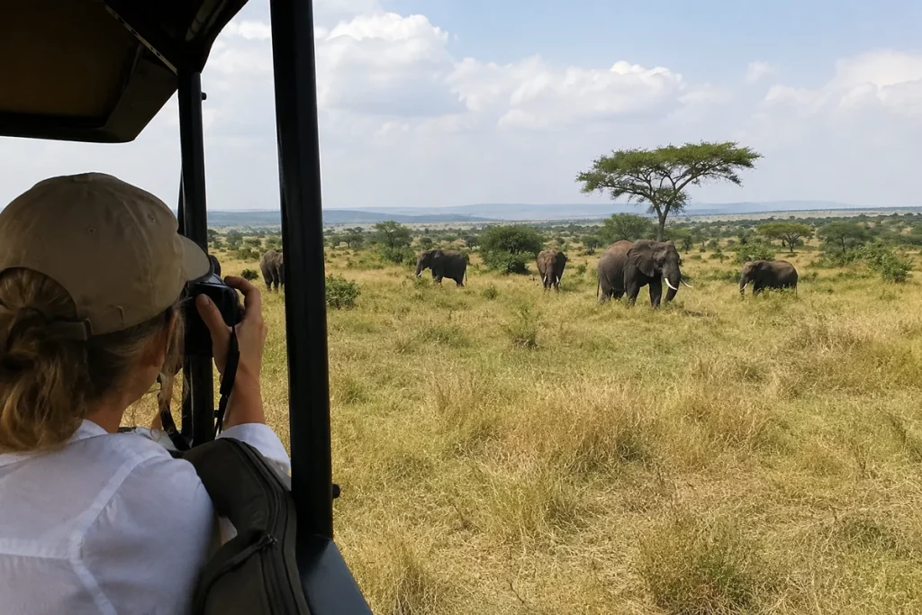 Client photographing a family of elephants from a safari vehicle on the African savanna, the safari of a lifetime client testimonial photo