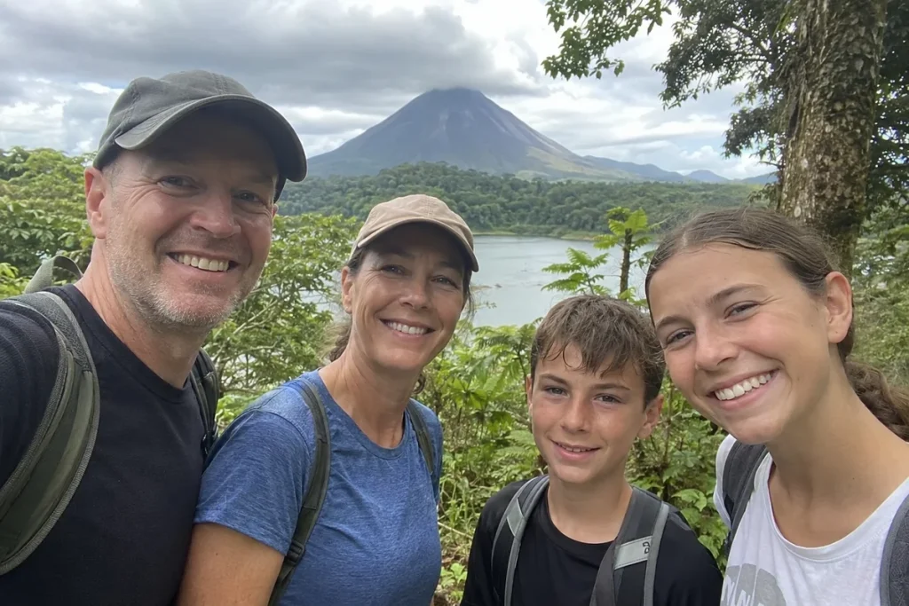 Smiling family of four taking a selfie in front of a lake and volcano in Costa Rica, an unforgettable family adventure client testimonial photo