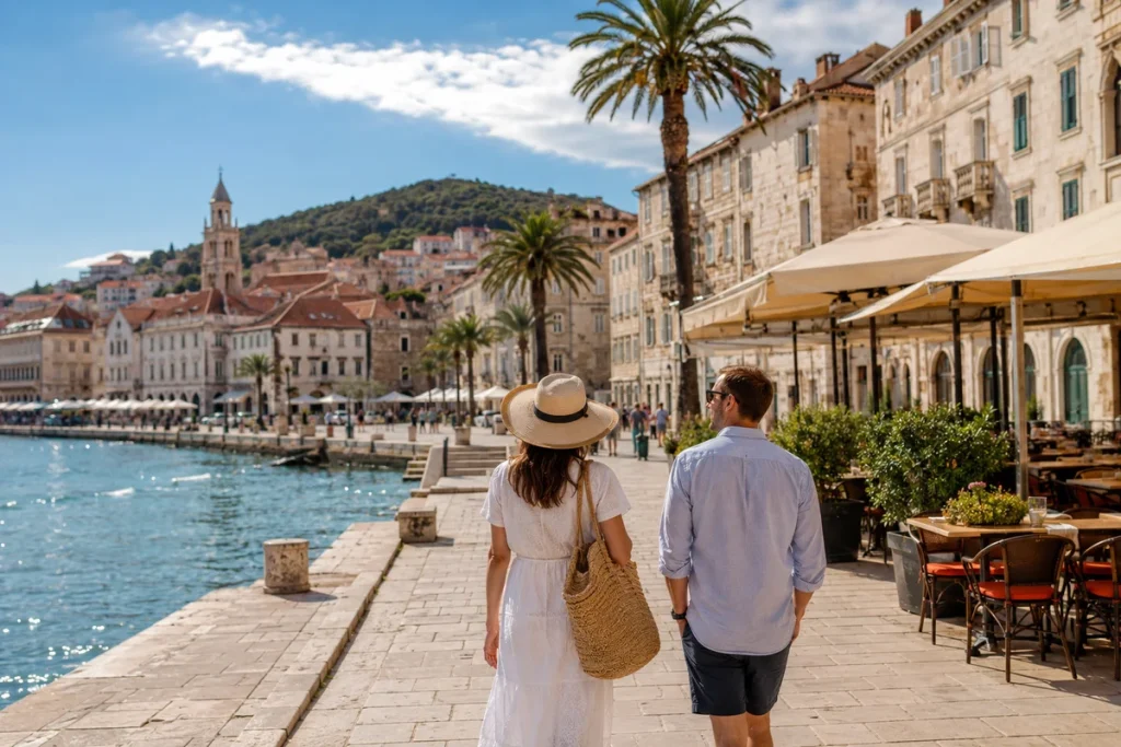 Travelers exploring a historic European waterfront city during a cruise-inspired journey