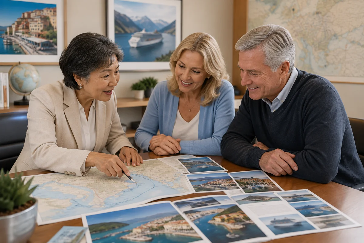 Travel advisor reviewing maps and port photos with a couple at a planning desk, helping them find the right ports for their cruise trip