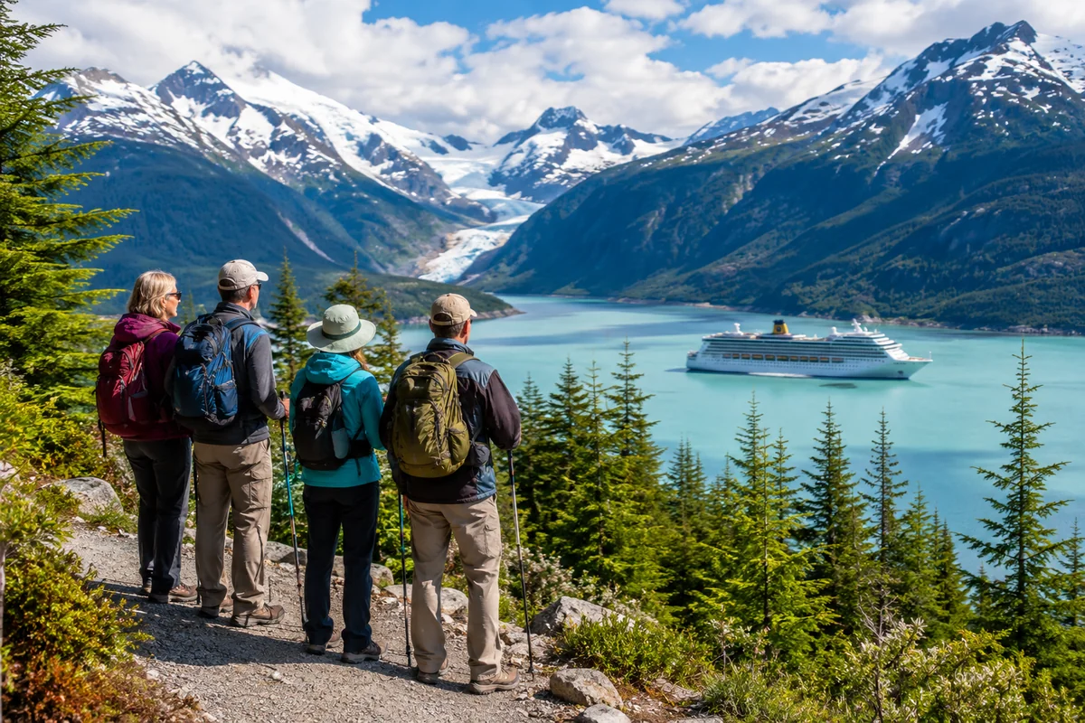 Group of hikers on a mountain trail overlooking a glacial fjord and cruise ship below, capturing the reward of going beyond the waterfront on a shore excursion