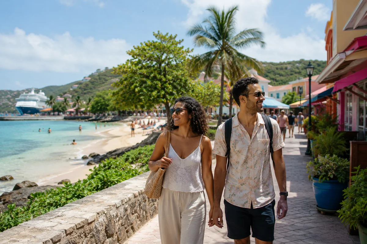 Travelers enjoying a sunny tropical beach and waterfront during a relaxing cruise port day