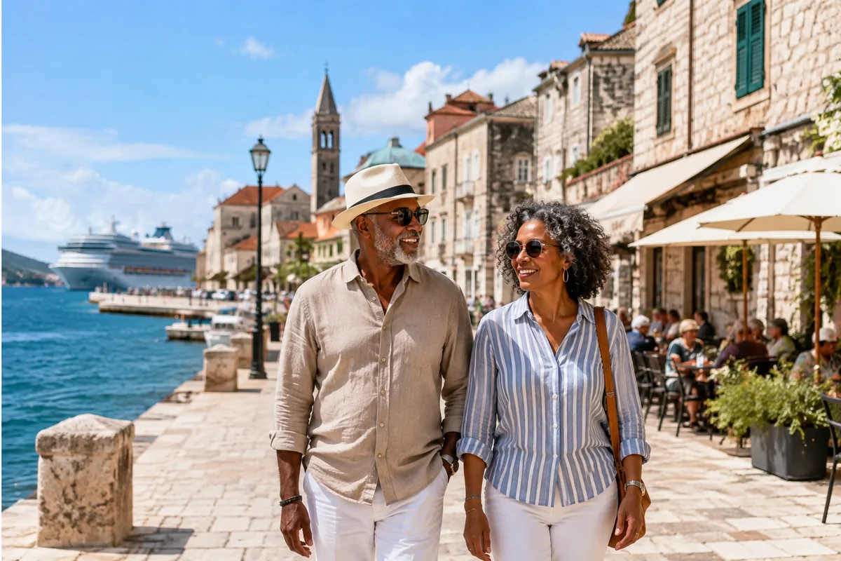 Mature couple strolling arm-in-arm along a sunny waterfront promenade in a historic Mediterranean port town with their cruise ship docked nearby, capturing the ease of walking right into the destination