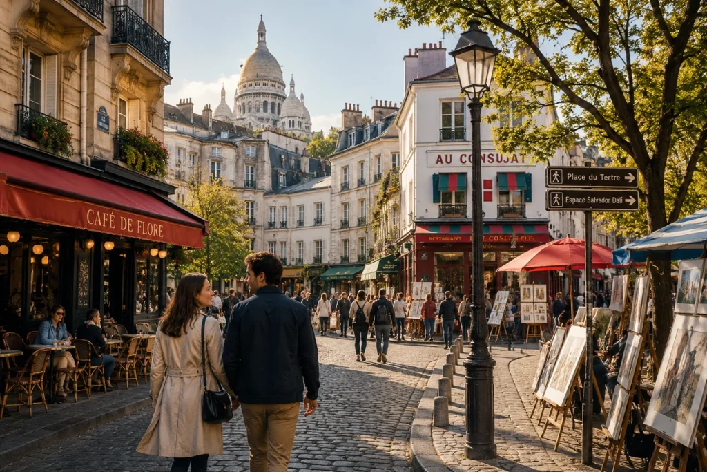 Couple walking hand-in-hand through a sunlit Parisian street in Montmartre with Sacré-Cœur in the distance, following curiosity from cultural experiences into European cities travel