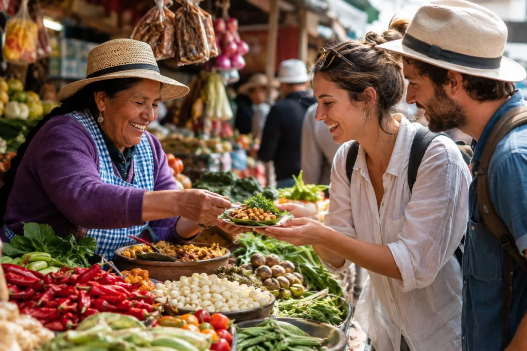 Travelers tasting local street food from a smiling vendor at a bustling market stall, following curiosity into food and culinary travel beyond cultural experiences alone