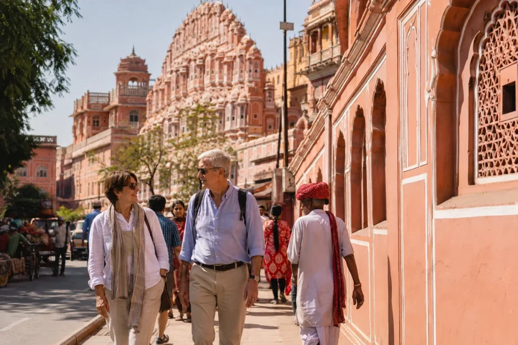 Mature couple walking past the pink sandstone Hawa Mahal in Jaipur, India, following curiosity from cultural experiences into deeper international destinations travel