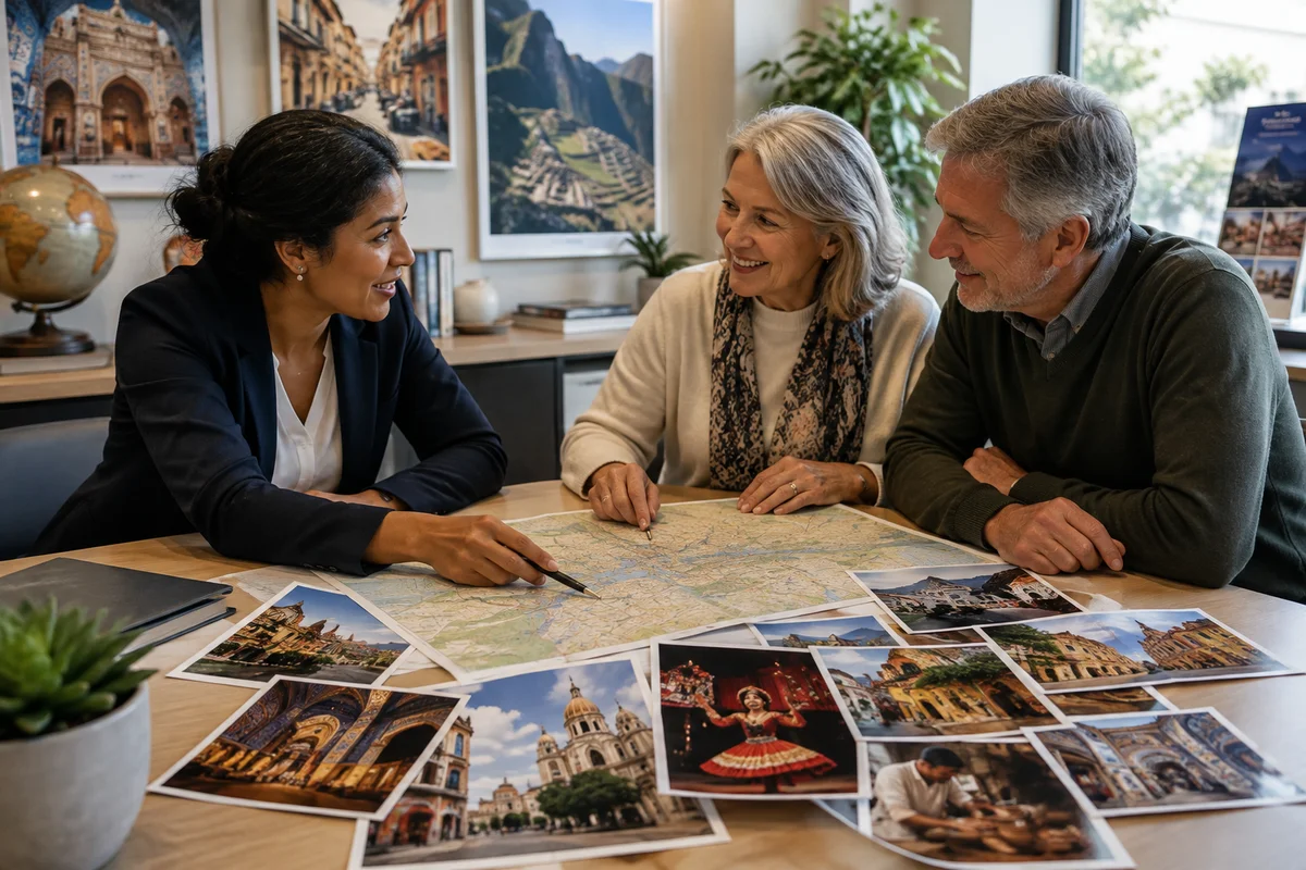 Travel advisor reviewing maps and destination photos with a mature couple at a planning desk, showing how meaningful cultural experiences start with finding the right fit for each traveler