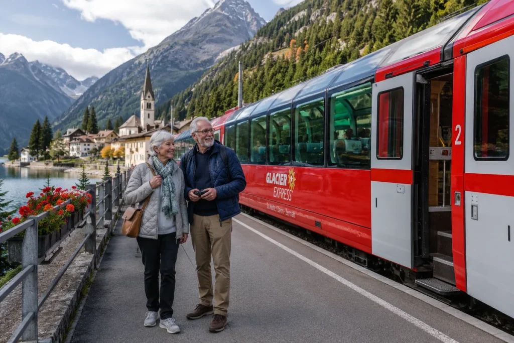 Scenic passenger train traveling through a mountain landscape during a culturally focused rail journey