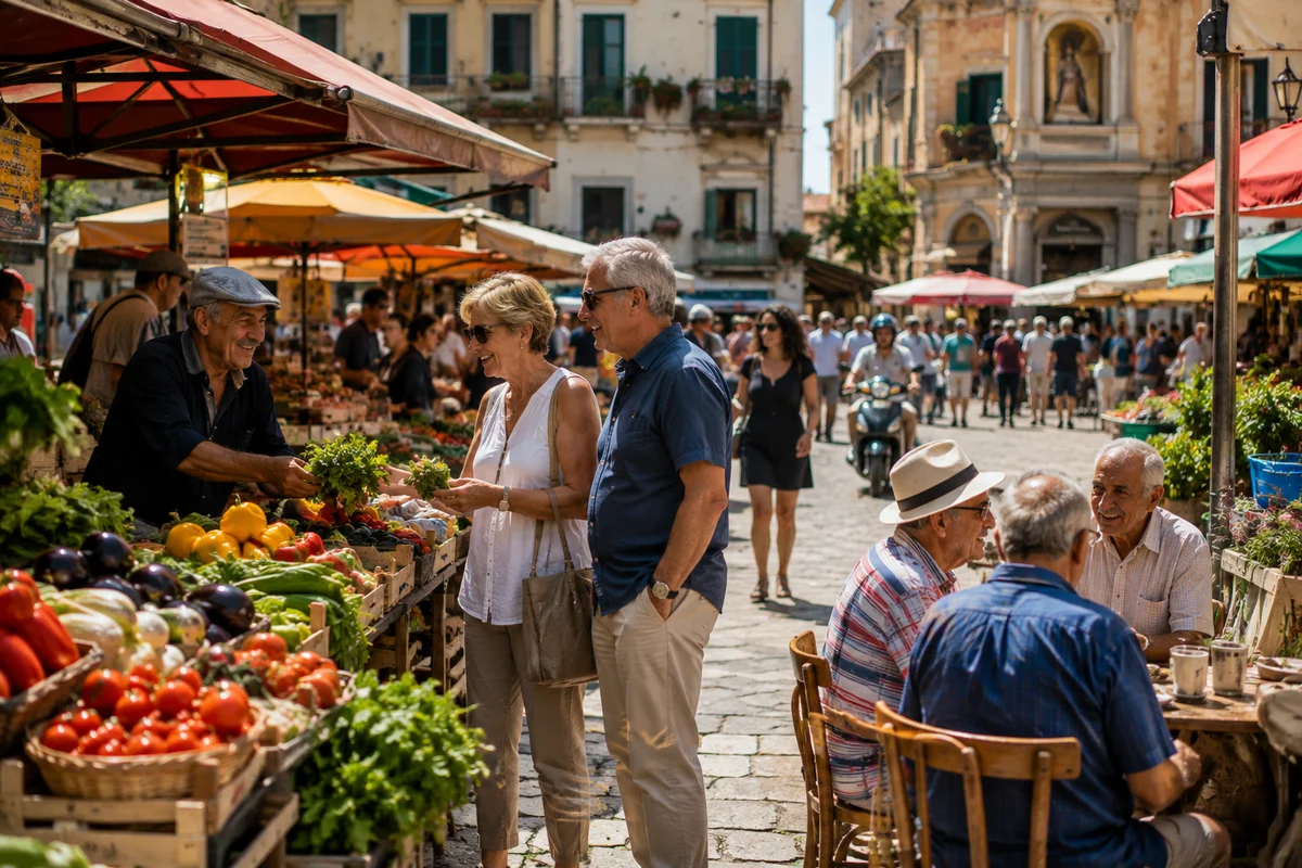 Mature couple chatting with a local produce vendor at a lively outdoor market in a historic town square, noticing the rhythm of everyday life while traveling