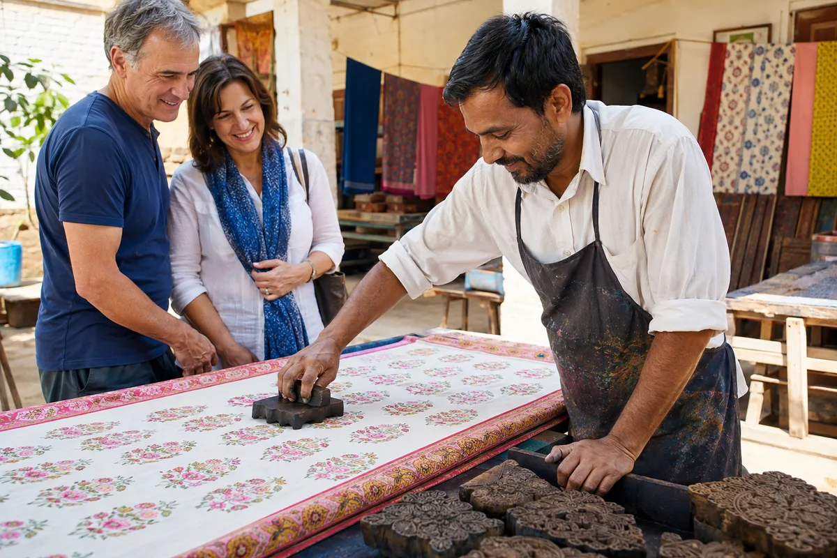Travelers watching a local artisan demonstrate a traditional craft during a cultural travel experience