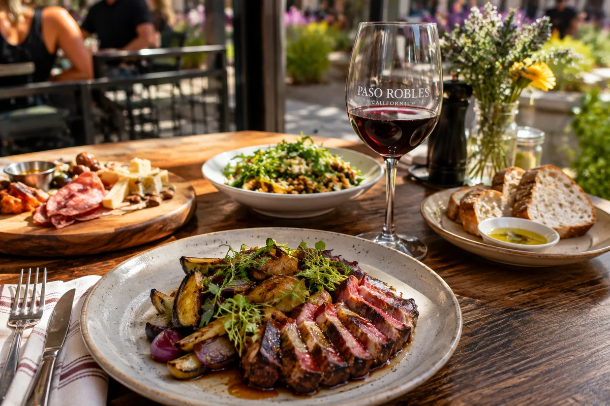 Paso Robles dining experience with locally inspired food and wine served at an outdoor table