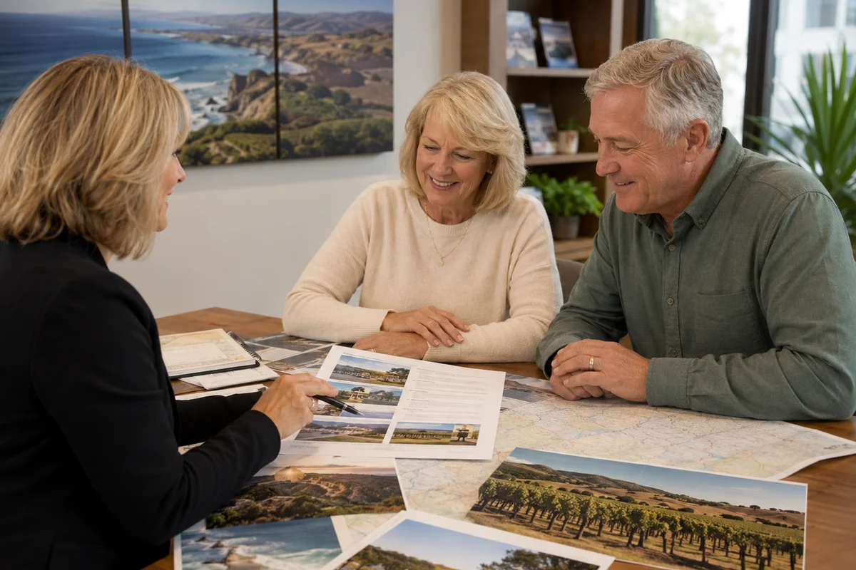 Travel advisor helping a mature couple plan a personalized Paso Robles getaway