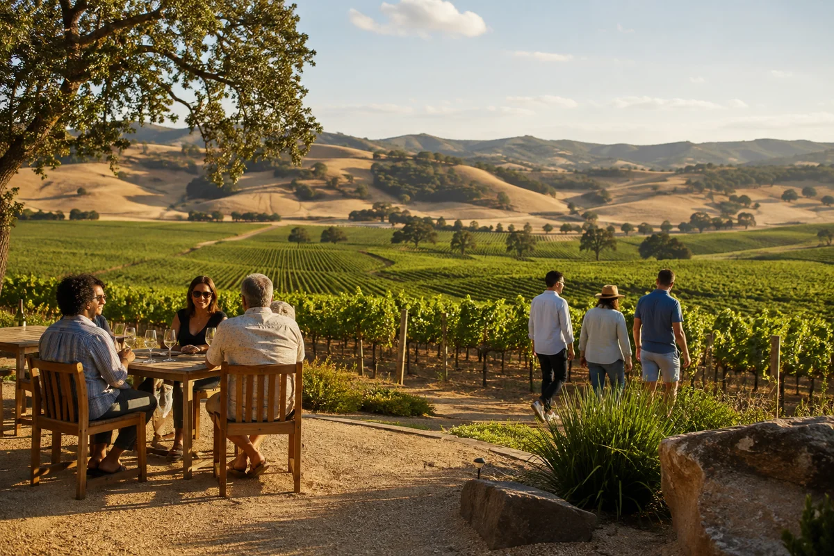 Guests relaxing at an outdoor table with wine and friends strolling through golden-hour vineyards in Paso Robles, capturing the relaxed pace of wine country without the rush