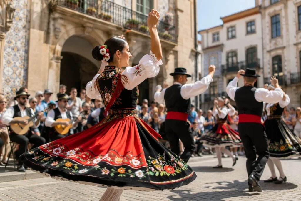 Traditional European folk dancers in colorful embroidered costumes performing in a historic city square with musicians and onlookers, showcasing vibrant cultural experiences across Europe