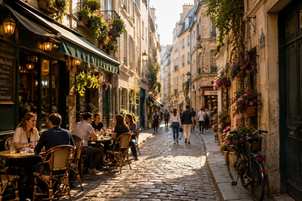 Golden-hour view of a charming European cobblestone street lined with outdoor cafés, flower boxes, and strolling locals, capturing the distinctive local character of European cities