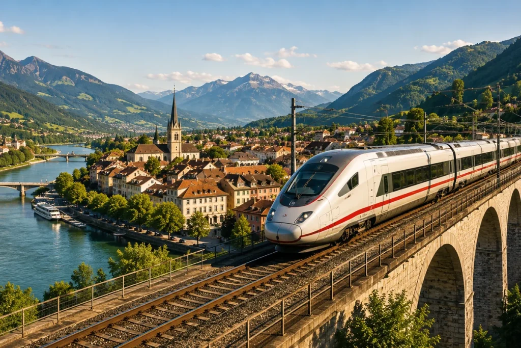 Modern passenger train traveling through a scenic European lakeside region, illustrating easy multi-city travel connections