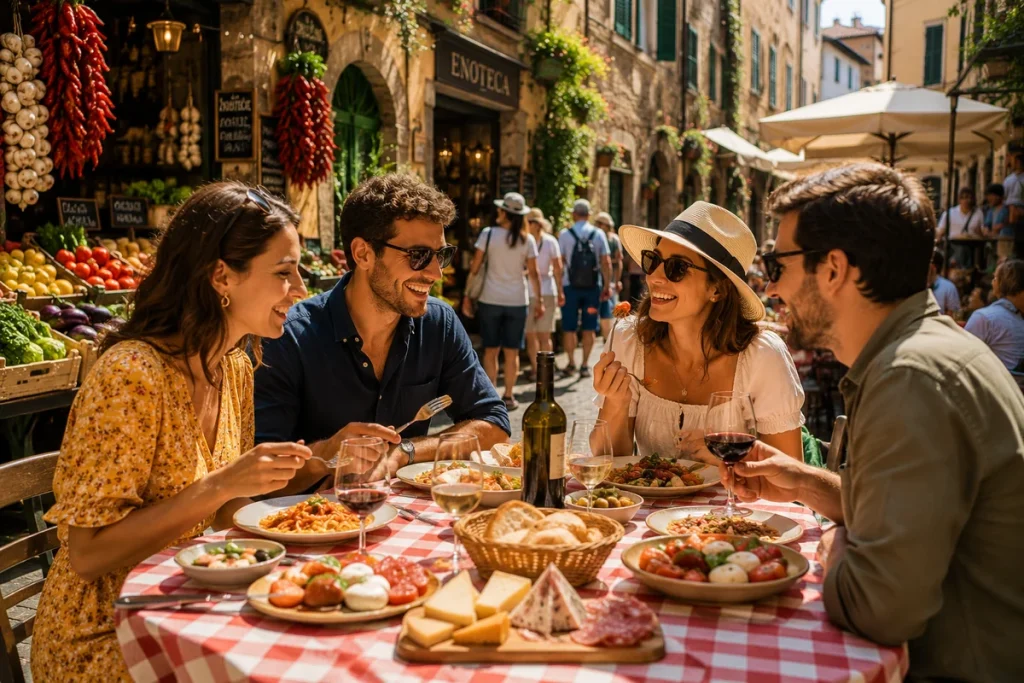 Friends sharing pasta, wine, and antipasti at an outdoor café table on a lively European market street, capturing the joy of food and culinary travel experiences across Europe