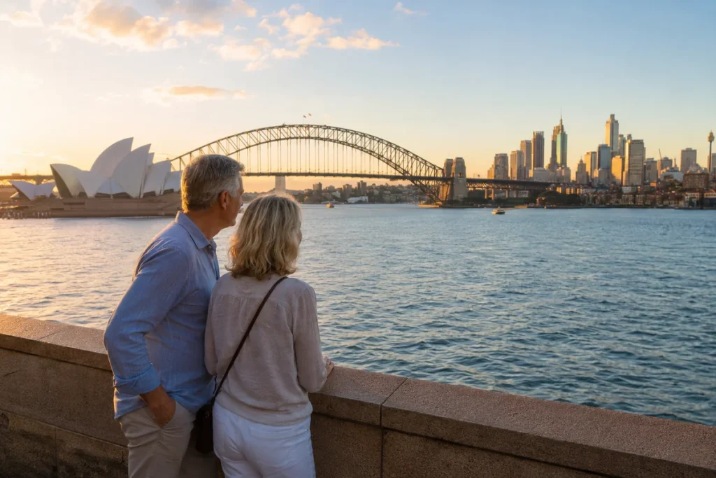 Couple overlooking Sydney Harbour during an international travel experience beyond Europe