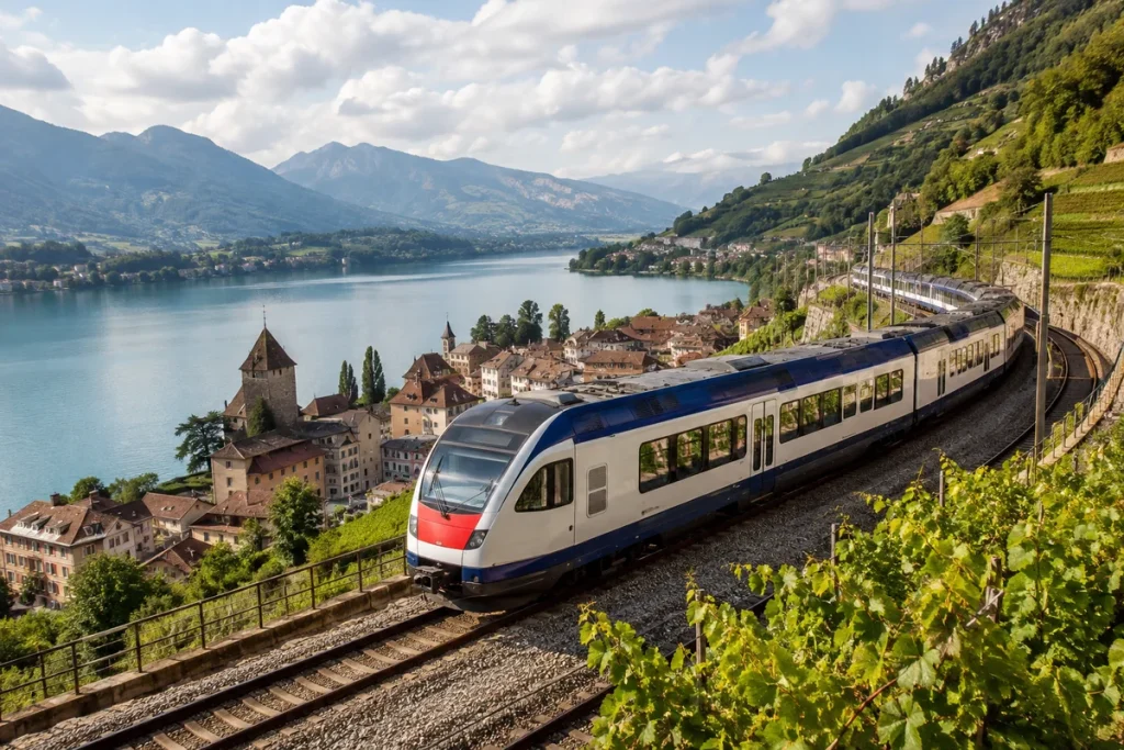 Modern train traveling along a lakeside track past a historic European town with mountains beyond, illustrating scenic rail journeys as a way to experience Europe