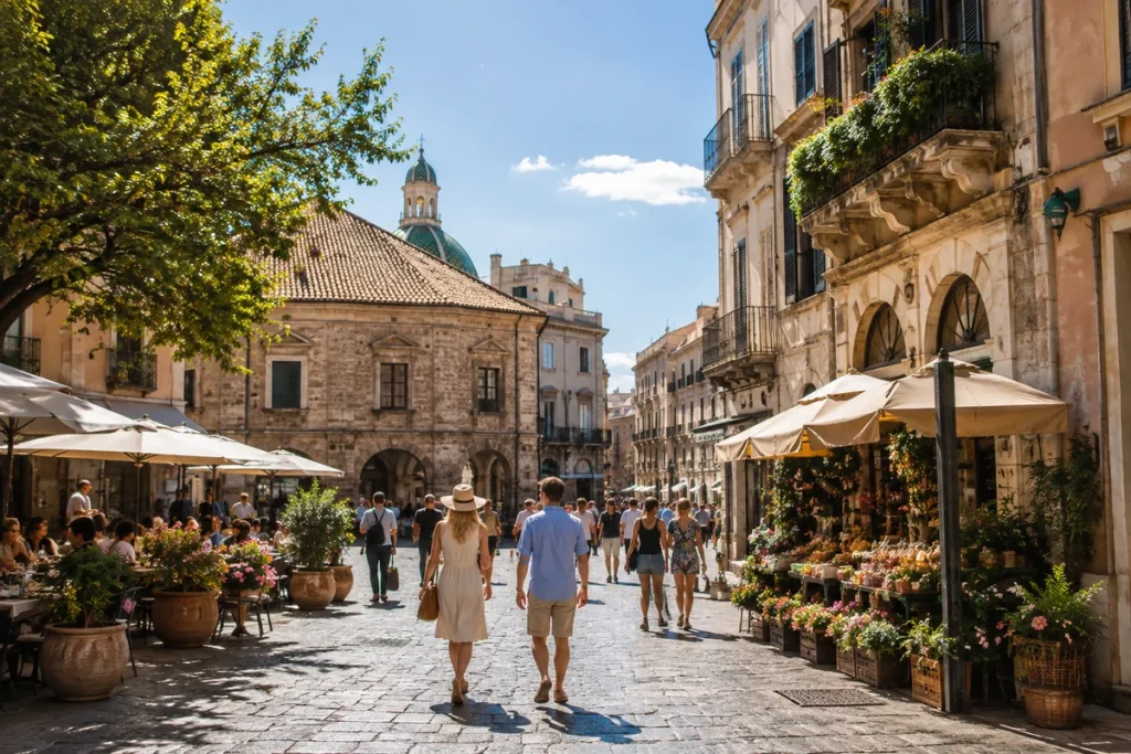 Couple walking hand-in-hand down a sunlit cobblestone street in a historic European city center, with outdoor cafés, flower shops, and a green-domed building ahead, illustrating walkable historic centers