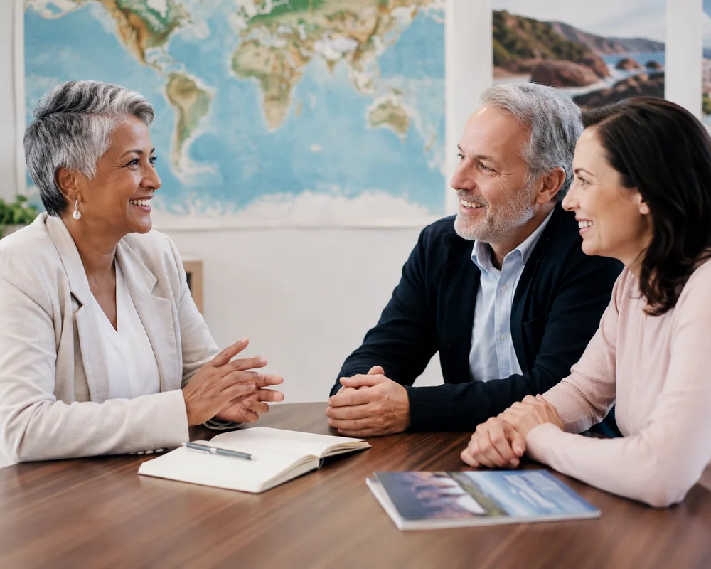 Travel advisor smiling and talking with a mature couple at a planning table, helping them explore whether they are interested in one of the featured trips