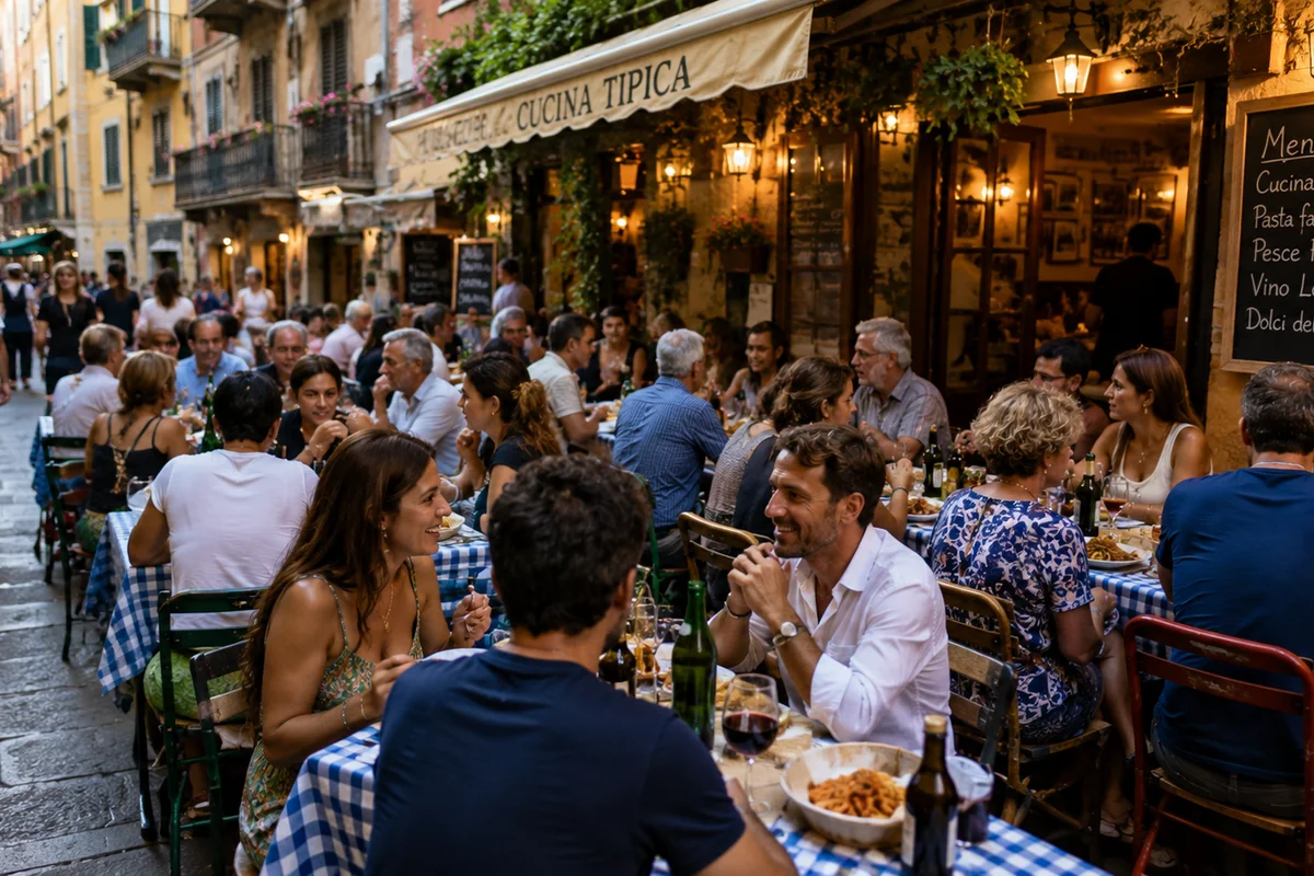 Travelers enjoying a lively local dining scene and regional cuisine during a culinary journey