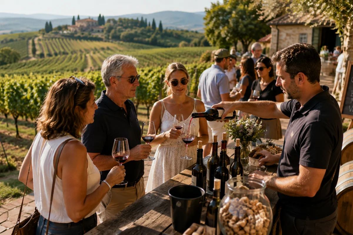 Guests tasting wine poured by a local host at an outdoor vineyard table overlooking rolling Tuscan hills, exploring wine and beverage traditions as part of culinary travel