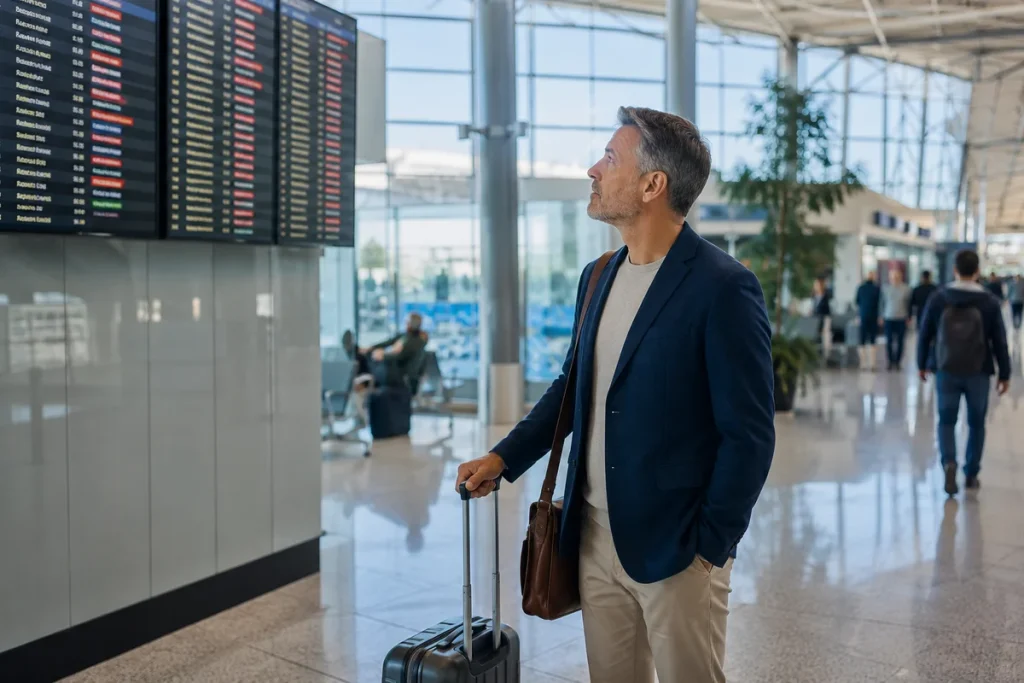 Traveler checking flight information at an airport departure board