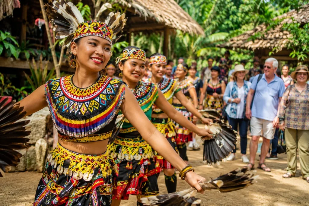 Traditional dancers in vibrant beaded costumes and feather headdresses performing for smiling mature travelers in a tropical village, highlighting cultural experiences that shape international journeys