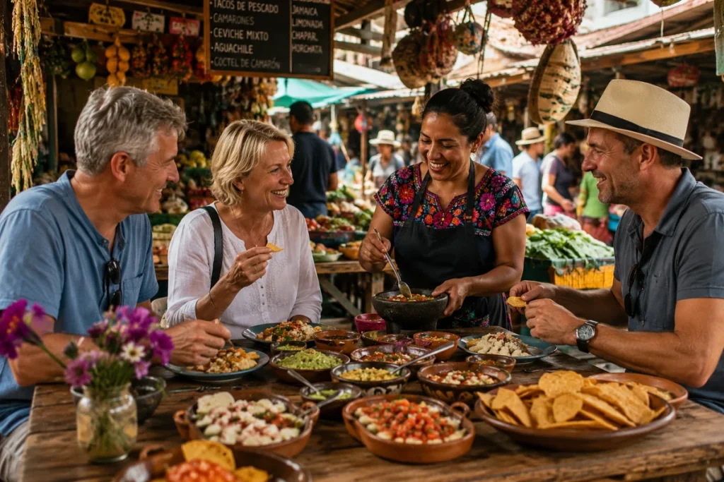 Mature travelers sharing local dishes with a smiling vendor at a vibrant market stall filled with fresh salsas, guacamole, and traditional foods, highlighting food and culinary travel experiences around the world
