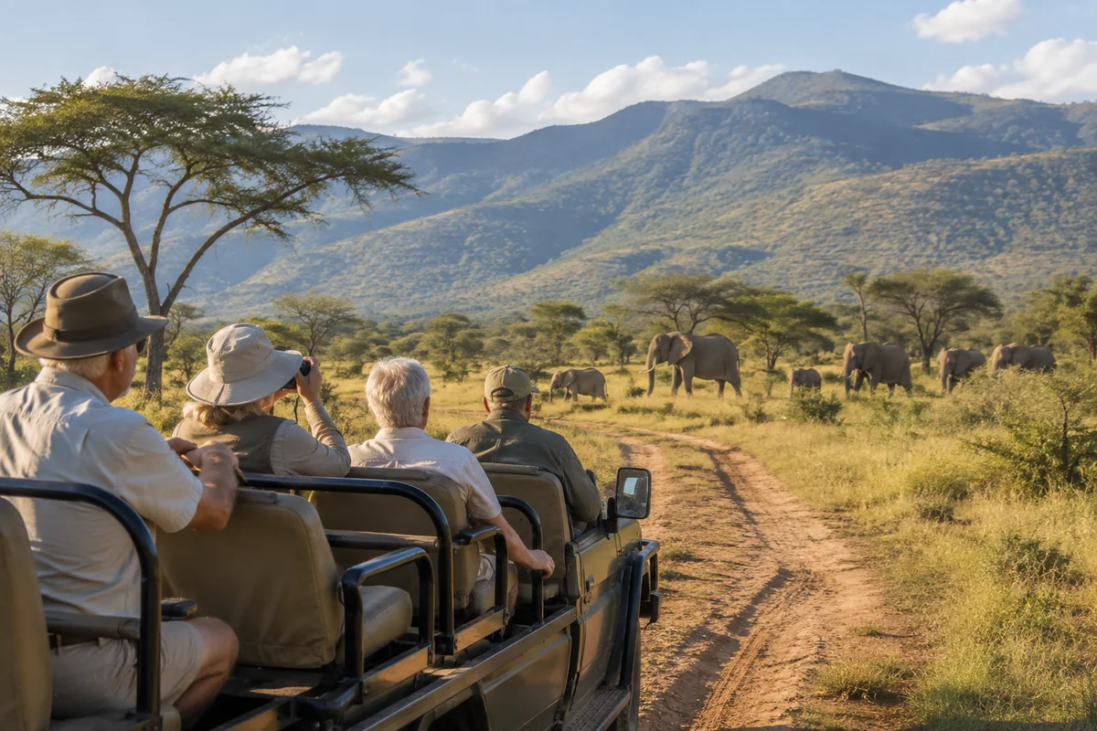 Travelers viewing wildlife and dramatic scenery during an international safari experience