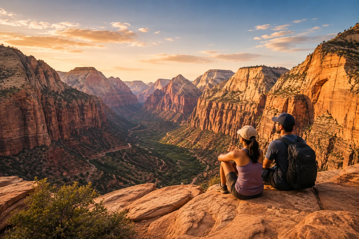 Travelers overlooking dramatic red-rock canyons and desert cliffs in an iconic national park landscape