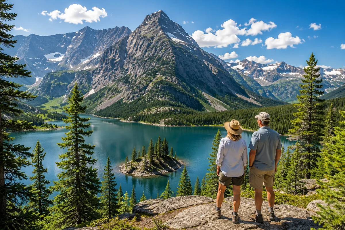 Mature couple standing on a rocky overlook gazing at a turquoise alpine lake with a small forested island, surrounded by towering snow-capped mountains and evergreen forests under a clear blue sky