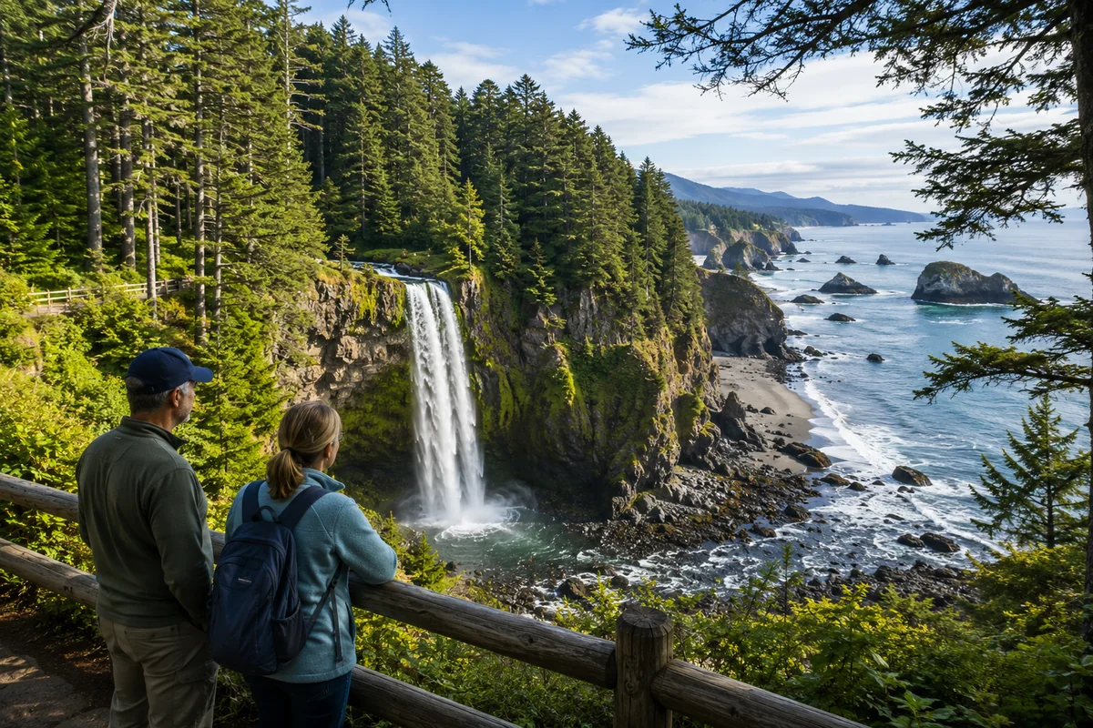 Mature couple at a wooden overlook watching a waterfall cascade into the Pacific Ocean amid dense evergreen forest and rugged coastal cliffs, capturing the drama of forests, waterfalls, and coastal wilderness
