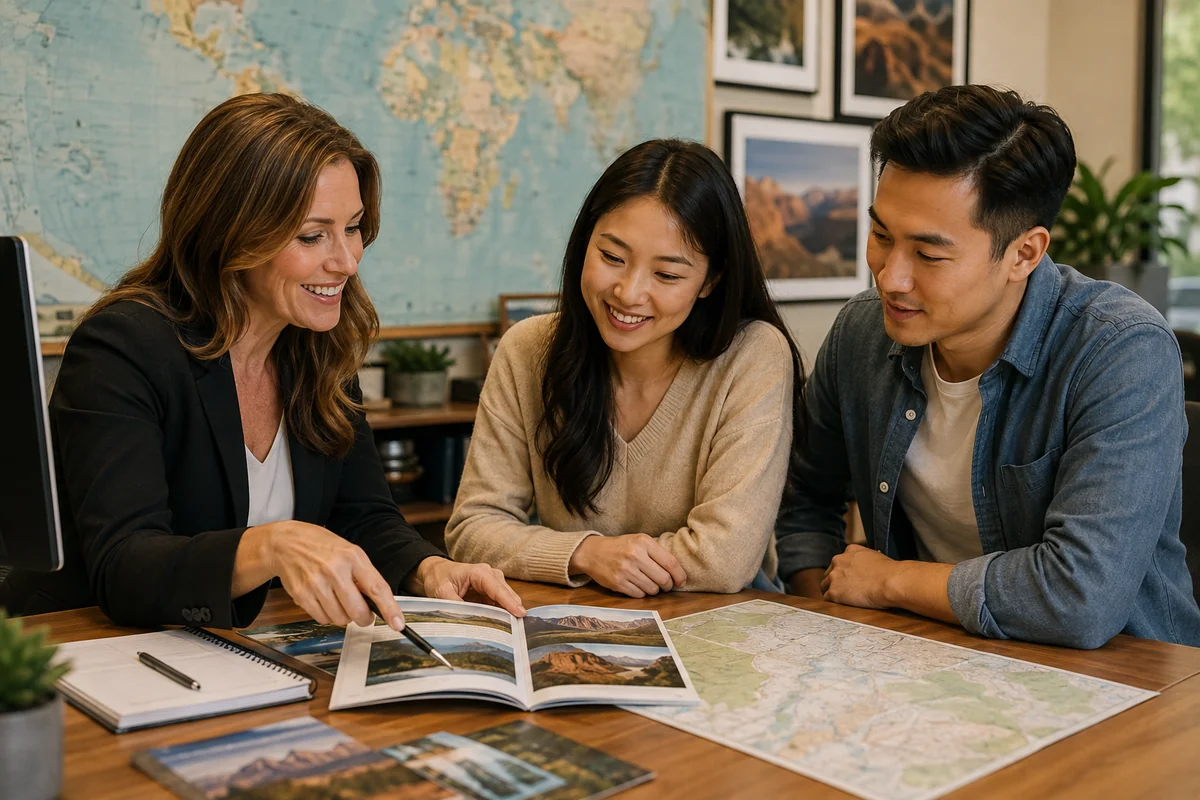 Travel advisor reviewing national park photos and maps with a couple at a planning table, illustrating that a great park trip is more than just picking the park