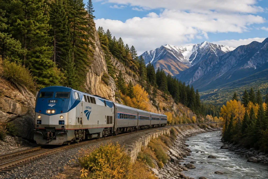 Scenic passenger train traveling through mountain scenery near a national park