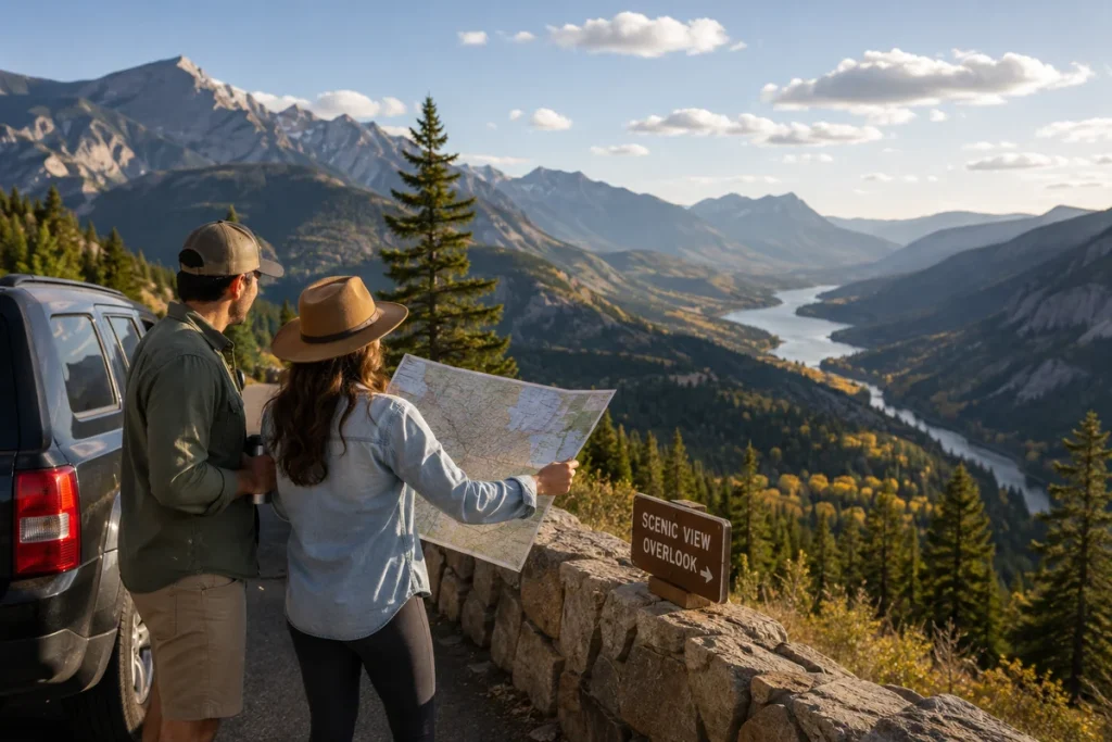 Travelers enjoying a scenic mountain overlook during a national park vacation