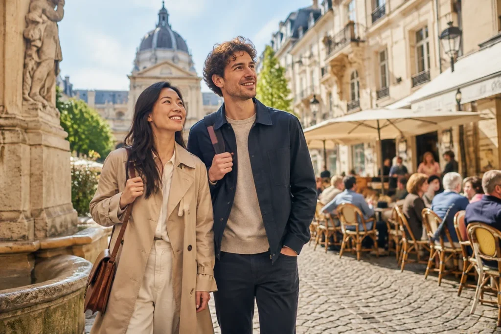 Smiling couple walking through a sunlit European plaza with outdoor cafés and historic architecture, showing how rail travel often opens the door to more time exploring European cities