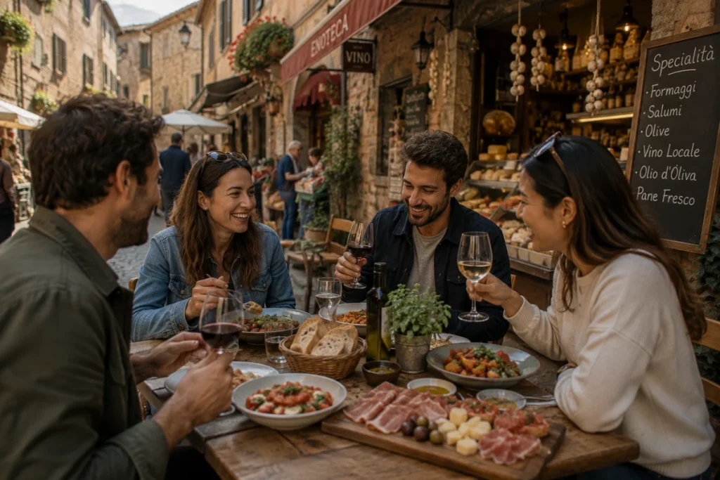 Friends sharing wine, local cheeses, cured meats, and pasta at an outdoor table in a historic European village, showing how rail travel often opens the door to richer food and culinary experiences