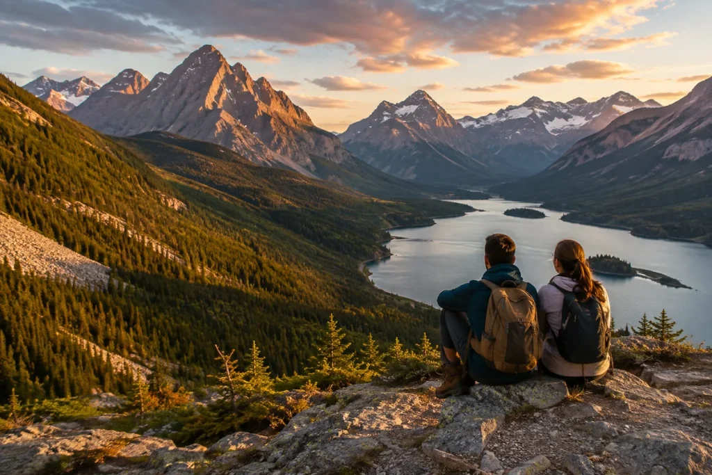 Travelers overlooking dramatic mountain scenery in a national park during a rail-focused vacation