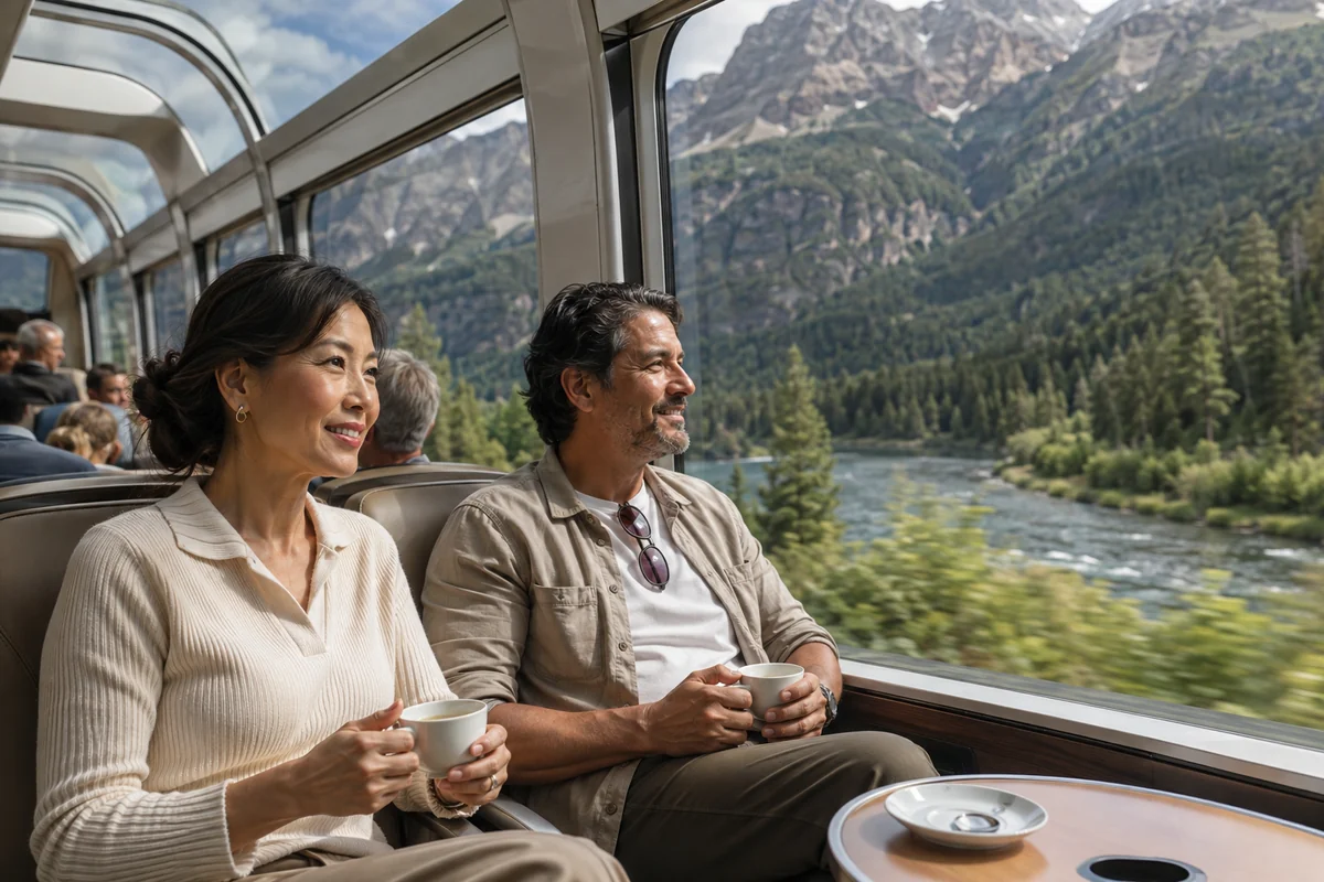 Mature couple relaxing with coffee in a glass-domed train car, smiling as mountain forests and a river glide past the window, capturing the feeling of slowing down without standing still on a scenic rail journey