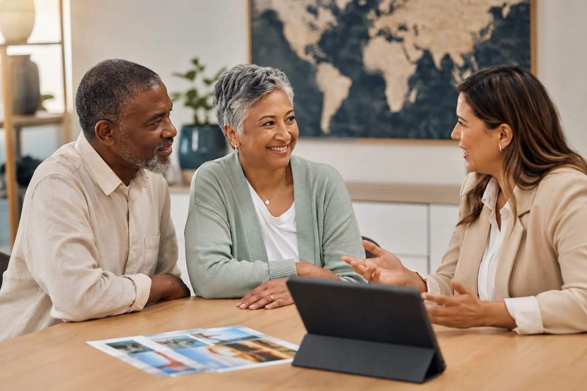 Travel advisor discussing vacation ideas with travelers during a planning consultation