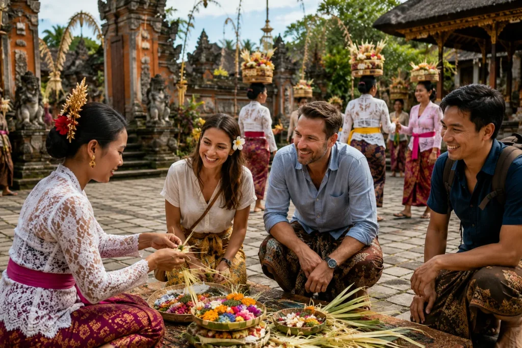 Travelers learning to make traditional Balinese offerings with a local guide in a temple courtyard, with ceremonial dancers and ornate architecture in the background, highlighting cultural experiences that enrich a tropical escape