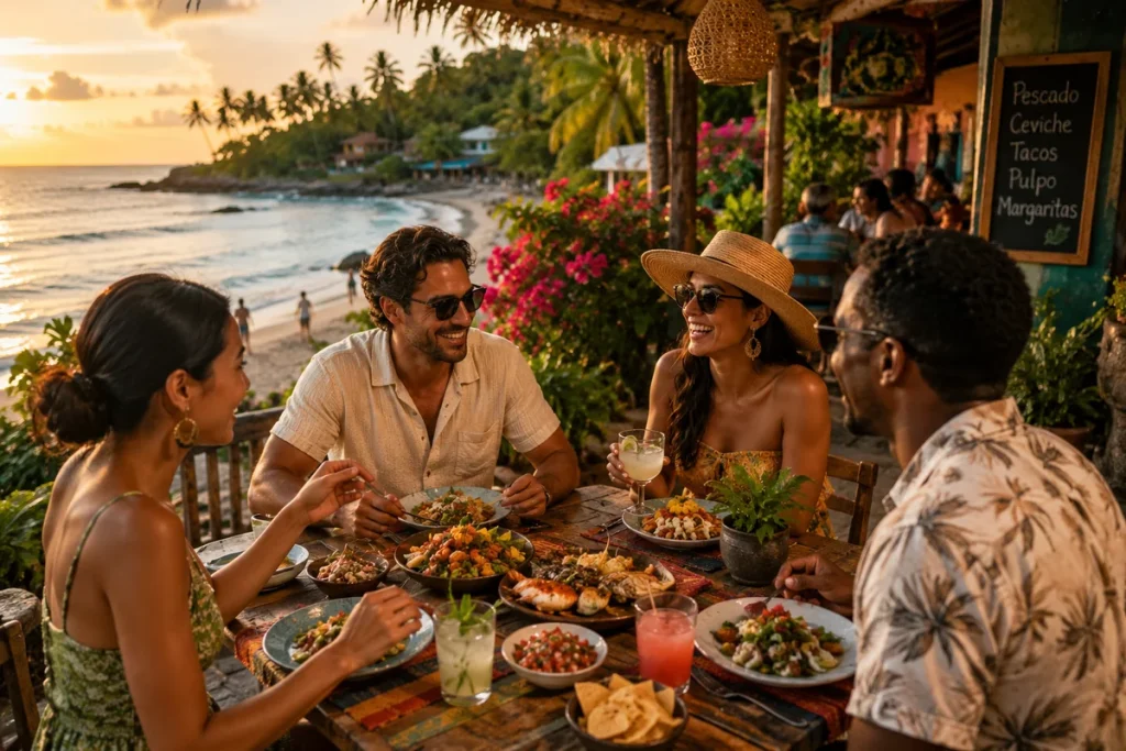 Travelers enjoying local food and dining during a tropical culinary experience